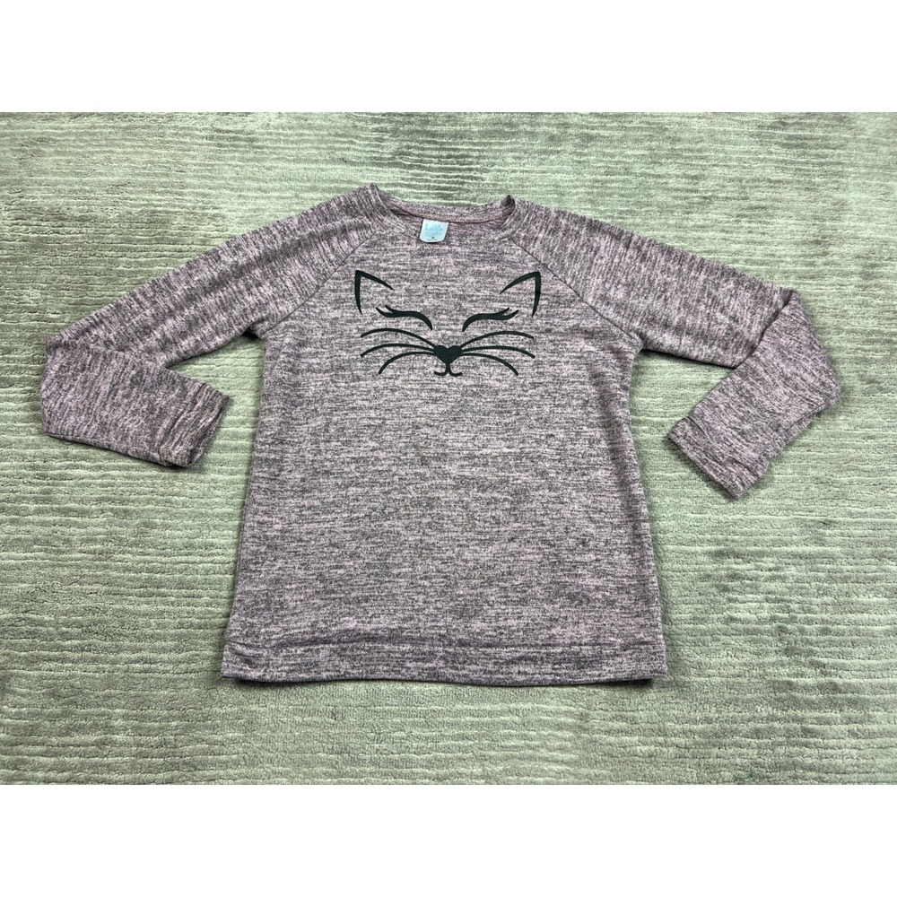 Hello Soho Top Women M Purple Cat Face Graphic Marled Raglan Knit Long Sleeve